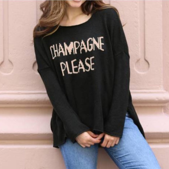Cozy Black Champagne Please Look Fit Graphic Sweater Top - Picture 2 of 5